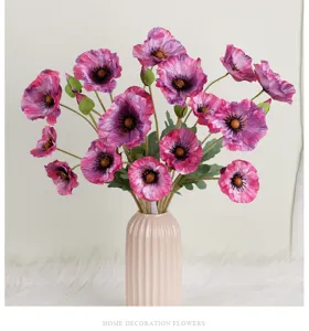 Artificial silk poppy flowers bouquet with ceramic vase for home decoration long stem decor