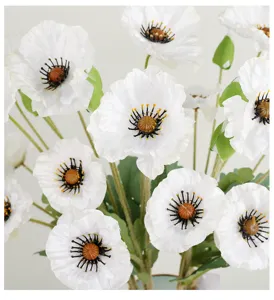 Artificial white poppy flower bouquet silk long stem decorative floral arrangement home