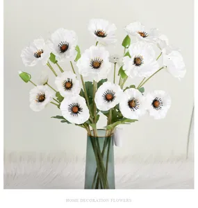 Artificial white poppy flower bouquet long branch silk fake flowers home decor table setup