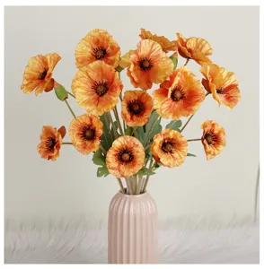 Artificial poppy flower bouquet silk fake flowers home decor long stem orange floral arrangement