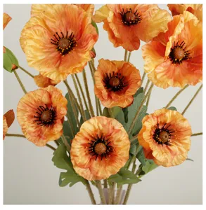 Artificial silk poppy flower bouquet with long stems for home decor detail view close up