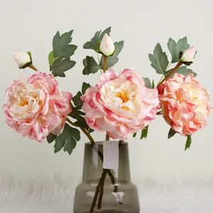 Style Peinture à l'Huile Vintage Européen Fleur de Pivoine Artificielle en Tissu de Soie Bord Brûlé Branche de Pivoine à Deux Dents pour Table à Manger de Maison Mariage Fête Décoration