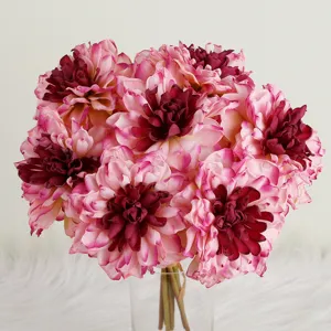 Bouquet de Dahlias Artificiels Tissu Satiné Bords Brûlés Faux Dahlias pour Mariage Maison Décoration de Fête Salon