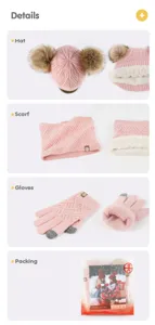 Vue détaillée de l'ensemble bonnet d'hiver, écharpe en peluche et gants tactiles pour enfants.