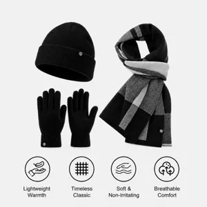 Hiver Homme Bonnet Écharpe Et Gants en Tricot Doublé de Polaire Chaud Beanie Plaid Tartan Tour de Cou Gants Tactiles