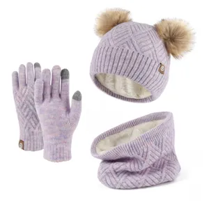 Enfants hiver chaud tricot bonnet écharpe et gants tactiles ensemble violet clair