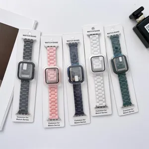 Detailed view of three-bead watch bands and protective cases compatible with Apple Watch.