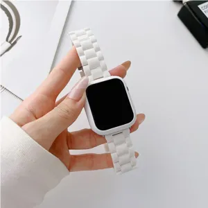 White ceramic 3-bead watch strap and protective case set for smart watch detail view.