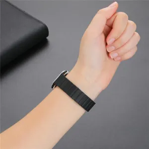 Detailed view of black magnetic leather watch band replacement strap, compatible with smartwatches.