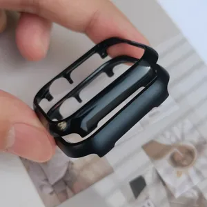Detail shot of black metal protective bumper case for smart watch, durable aluminum alloy frame.