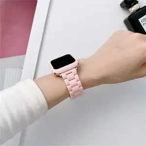 Pink ceramic resin watch band and protective case set for smart watch detail view.