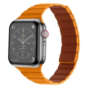 Replacement magnetic leather loop strap for Apple Watch, stylish orange band accessory.