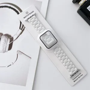 White 3-bead watch band and protective case set compatible with Apple Watch series, stylish.