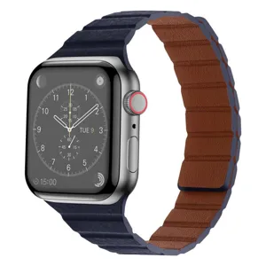 Detailed view of magnetic leather loop watch strap for smart watch, elegant dual color design.
