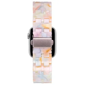 Resin watch band link detail, colorful pastel marble pattern, compatible with apple watch.