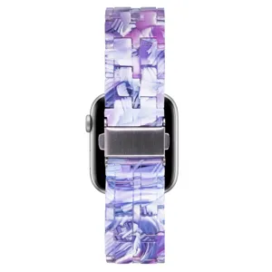 Close-up detail of purple resin watch strap compatible with apple watch, elegant marble pattern link.