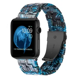 Resin strap for Apple Watch, blue black marbled pattern, stainless steel folding clasp.