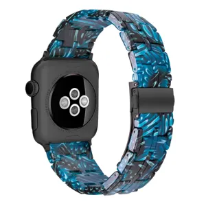 Resin strap and case compatible with Apple Watch, stylish blue marble pattern design.