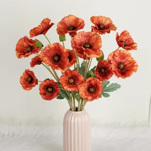Artificial poppy silk flowers bouquet with ceramic vase for living room home decor.