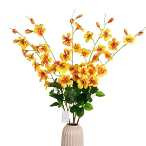 Artificial trumpet vine silk flower long branch arrangement with ceramic vase decor