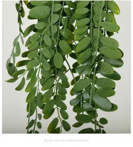 Artificial hanging plant detail close-up view, lush green leaves hanging vine wall decor.
