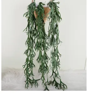 Artificial staghorn fern hanging vine with woven basket for wall decor home green plant