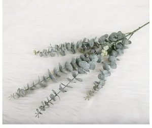 Detailed view of 5-prong artificial eucalyptus leaves, green money leaf decor faux greenery.