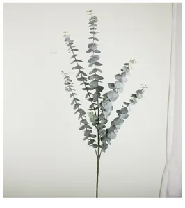 Artificial eucalyptus leaves 5-fork branch detail shot, realistic green plant floral decor.