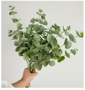 Artificial eucalyptus leaves 3-fork fake green plant bunch for home interior decoration details.