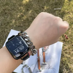 Doppelkreis Edelstahl Spleiß Leder Uhrenarmband Ersatz für Apple Watch Serie Stil.