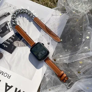 Doppelt Tour Edelstahl Spleiß Leder Uhrenarmband für Apple Watch 8 7 SE Damen Armband