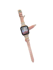 Bracelet de montre Apple en cuir rose avec perles et strass decoration mode luxe de rechange