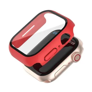 Κόκκινη θήκη PC με σκληρυμένο γυαλί για Apple Watch Series 7, λεπτομερής προβολή.