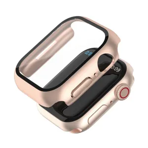 Ροζ χρυσή προστατευτική θήκη συμβατή με Apple Watch Series 7, πλαίσιο PC και γυαλί.