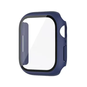 Μπλε σκούρη θήκη προστασίας PC με γυαλί για Apple Watch 7, ανθεκτική προστασία οθόνης.