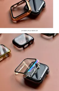 Detailed view of electroplated protective watch case and tempered glass for smart watch.