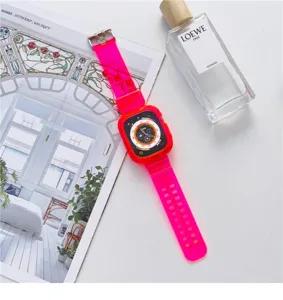 Siliconen band en beschermhoes voor Apple Watch Ultra SE 8 7, levendig transparant roze.