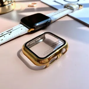 Electroplated gold protective case compatible with Apple Watch series, glossy finish.