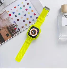 Neon geel transparant siliconen horlogebandje en hoesje voor Apple Watch ultra sport stijl.