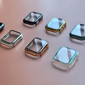 Electroplated watch case with tempered glass screen protector compatible with smart watch models.