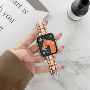 Cinturino in perline metalliche compatibile con Apple Watch, design in acciaio oro rosa.