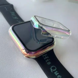 Regenboog PC gegalvaniseerde beschermhoes met zwarte band voor Apple Watch serie 7 en 8.