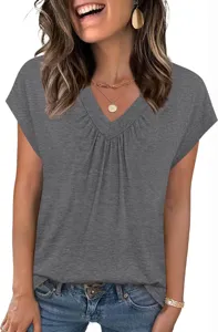 Camiseta Mujer Color Sólido Cuello V Suelto Manga Corta Top Casual de Verano para Diario