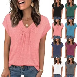Camiseta de Algodón de Color Casual para Mujer Cuello en V Manga Corta Ajuste Holgado Color Sólido Tops Jersey Verano