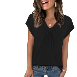 Mujer elegante camiseta casual color sólido cuello V holgado manga corta top verano.
