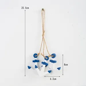 Detailed view of Mediterranean style wooden anchor hanging decor with jute rope, showing size.