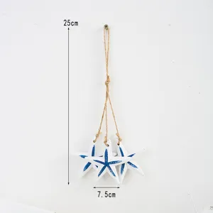 Mediterranean style wooden starfish wall hanging decor with hemp rope string, size 25cm.