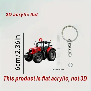 Detailansicht des 2D Acryl roten Traktor Schlüsselanhängers, flaches Design mit Zubehör.