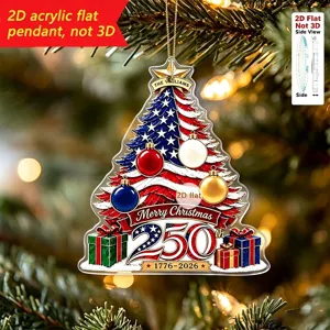 Detalle de adorno navideño plano de acrílico 2D con diseño de bandera y regalos.