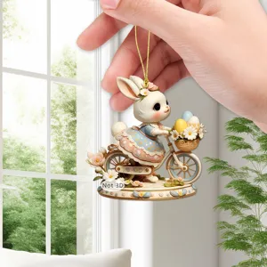 Osterhase Acryl Hängeornament, süßes Kaninchen Fahrrad Design, festliche Feiertagsdeko.